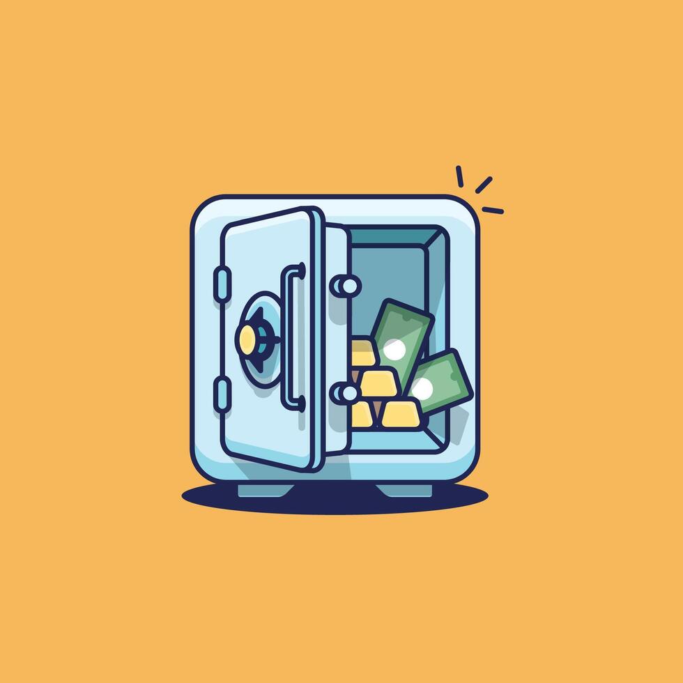 Bank metal vault and safes with open and closed doors. Secure boxes with code locks. Gold and money protection. Empty safe inside set vector