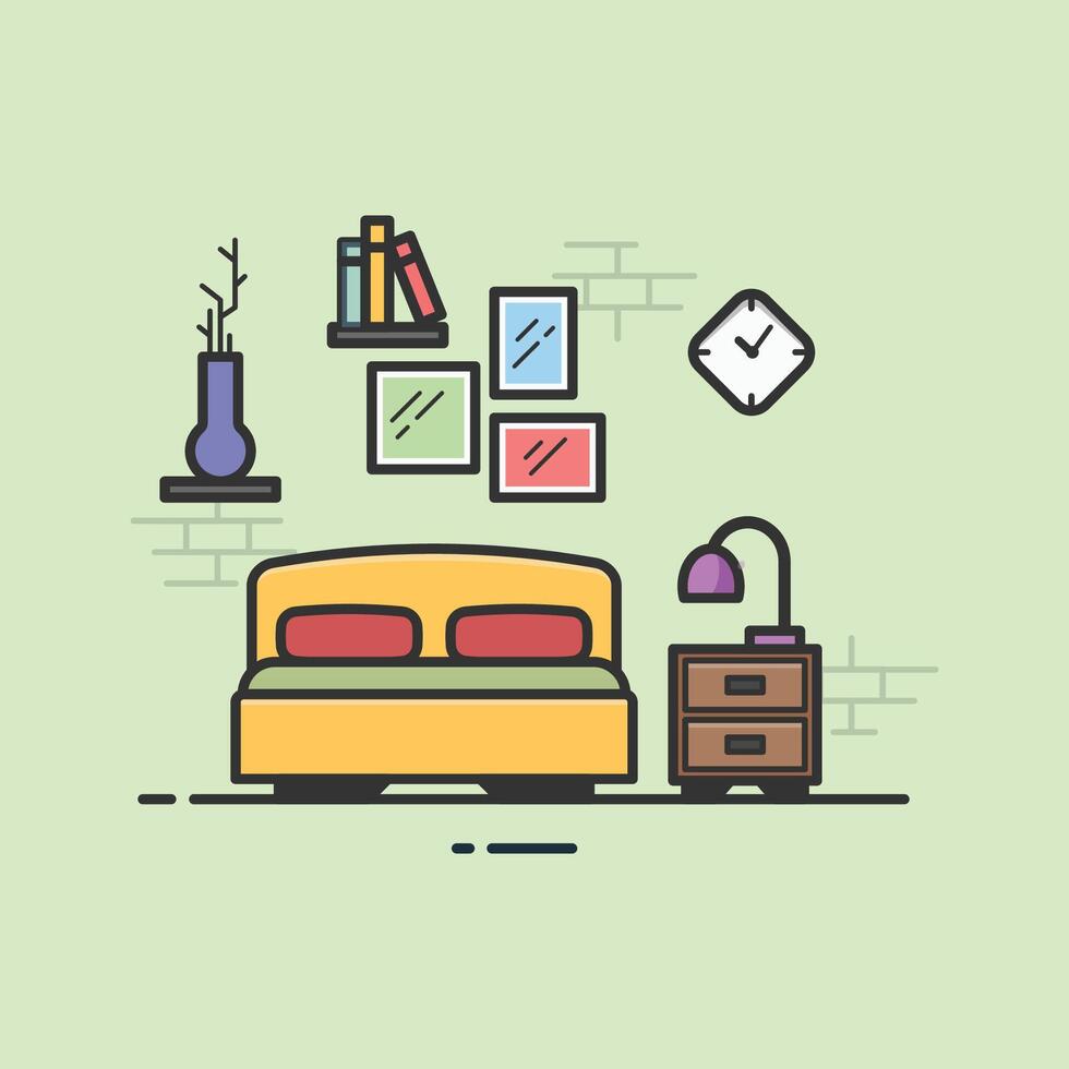 A bedroom with a yellow bed, a clock, a nightstand, and a vase. The room is decorated with bookshelves and pictures on the wall vector