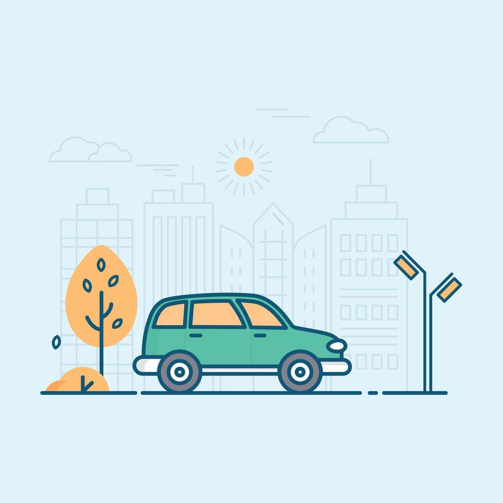 A green car is driving down a city street with a tree in the background vector