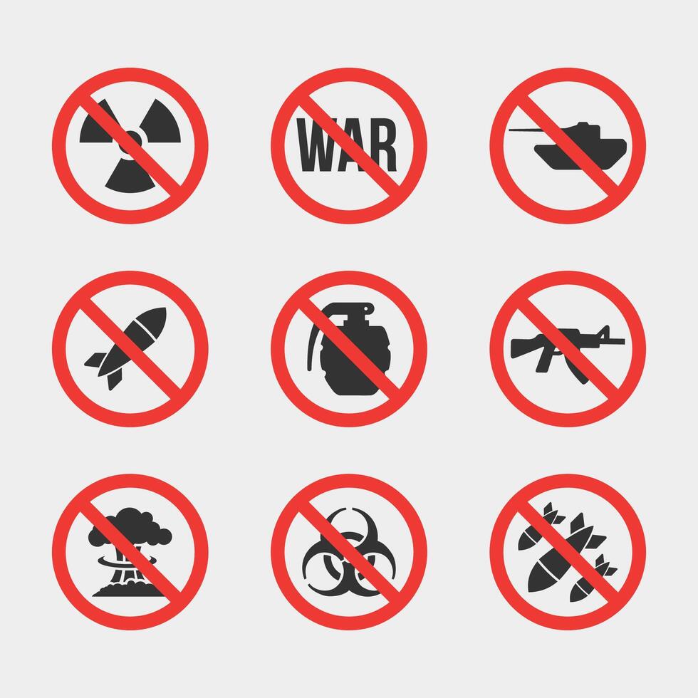 Red Stop Sign Military Weapon Collection. No War Symbol Silhouette Icon Set vector