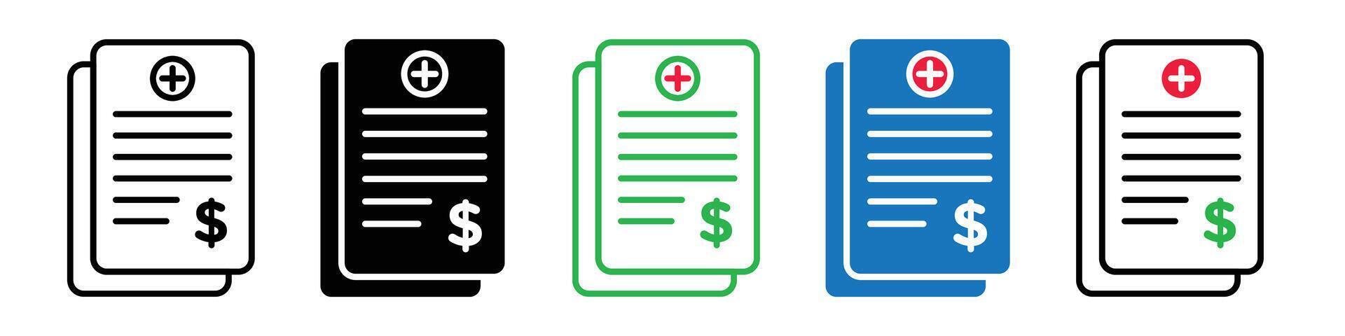 Hospital and Medical Bill Icons for Health Care Charges and Insurance Payment Graphics vector
