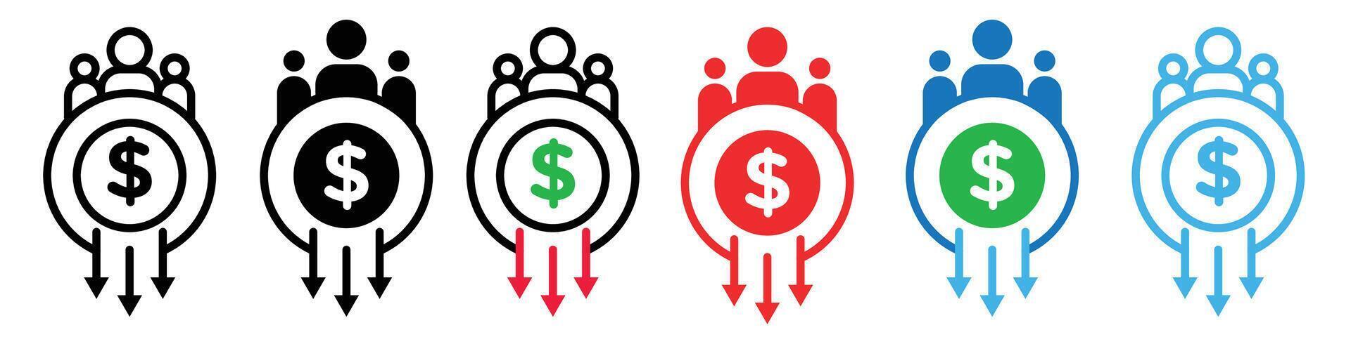 Labor Cost Reduction Icons for Worker Pay Salary and Wage Income Decrease vector