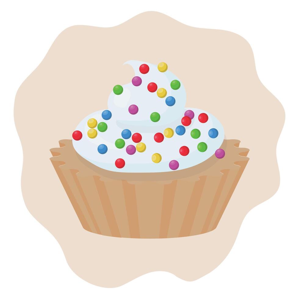 Cupcake with whipped cream and colorful sugar sprinkles. illustration isolated on white background. vector