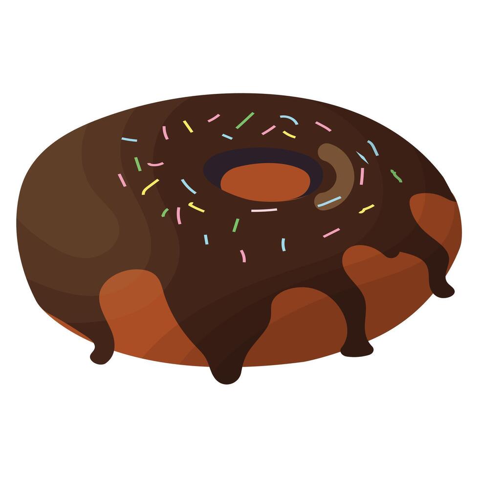 Chocolate donut with glaze. Round buttery sweet pastries decorated with confectionery pamada. Delicious national American dessert. illustration isolated on white background. vector