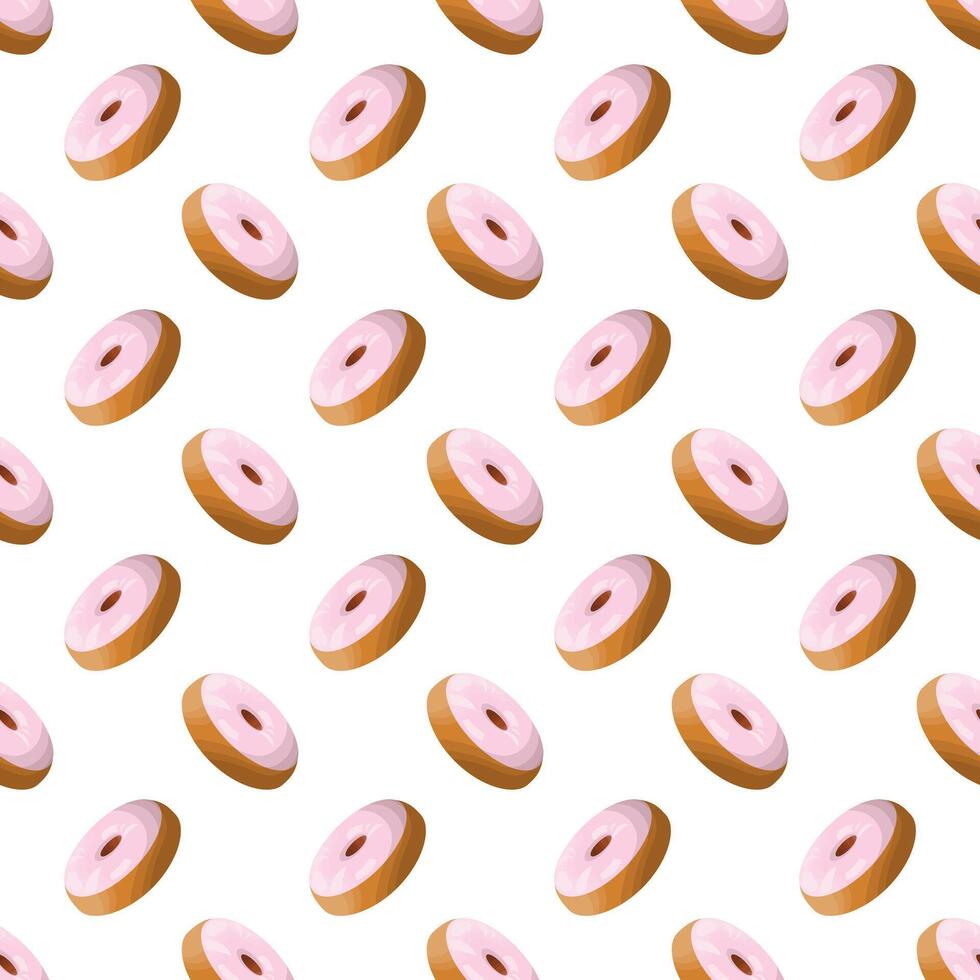 Donut with pink glaze. Round buttery sweet pastries decorated with pink pastry pamada. Delicious national American dessert. Seamless pattern. White background. illustration . vector