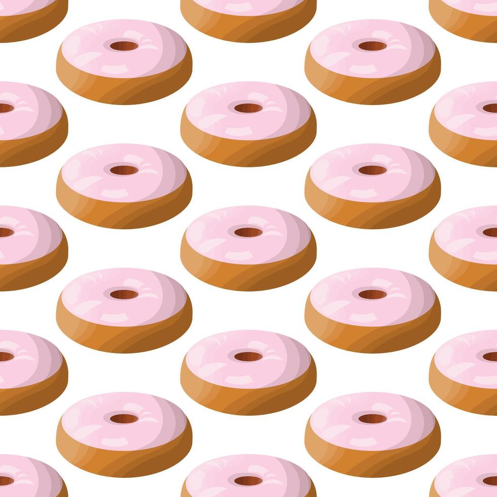Donut with pink glaze. Round buttery sweet pastries decorated with pink pastry pamada. Delicious national American dessert. Seamless pattern. White background. illustration . vector
