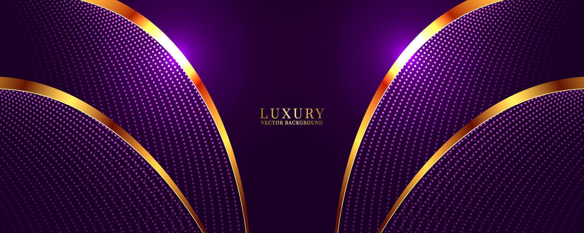 3D purple luxury background on dark space with dotted lines shape effect decoration. Modern graphic design element with golden lines waves style concept for web banner, flyer, card, or brochure cover vector