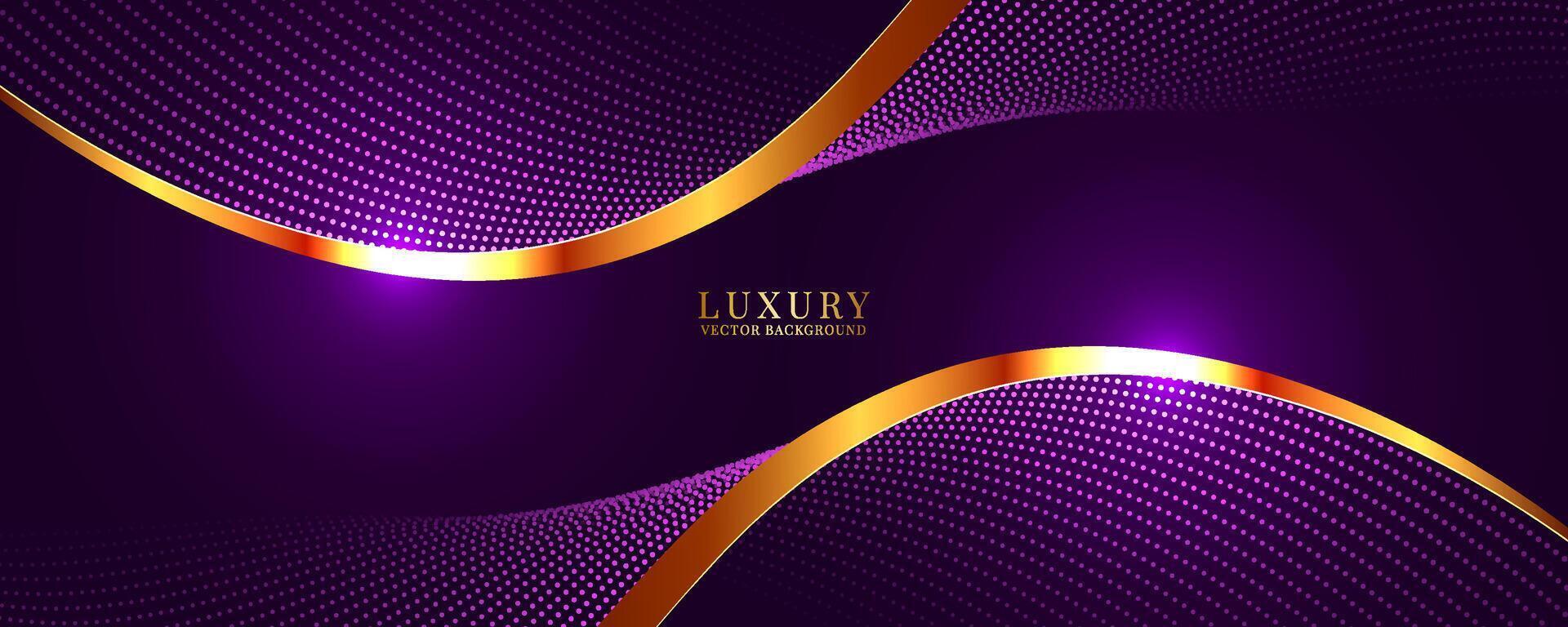 3D purple luxury background on dark space with dotted lines shape effect decoration. Modern graphic design element with golden lines waves style concept for web banner, flyer, card, or brochure cover vector