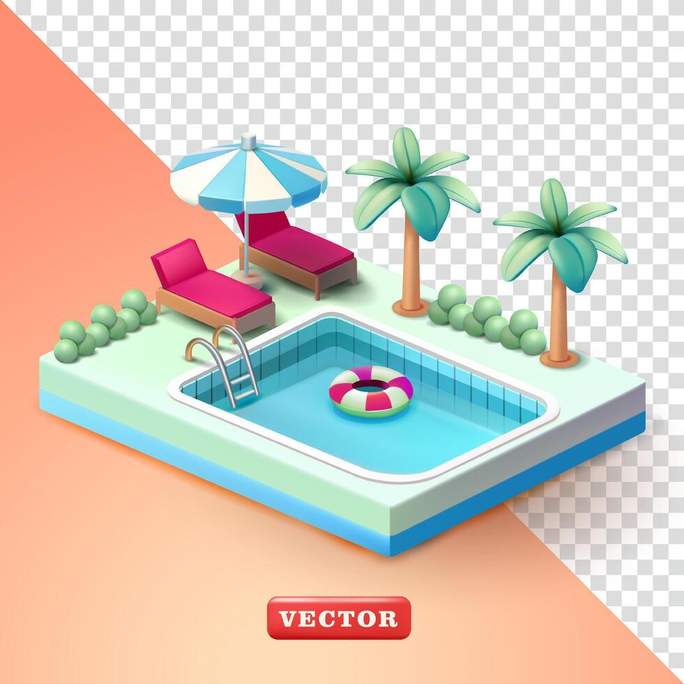 Isometric swimming pool with lounge chairs, coconut trees and umbrellas, 3d. Suitable for holidays and business vector