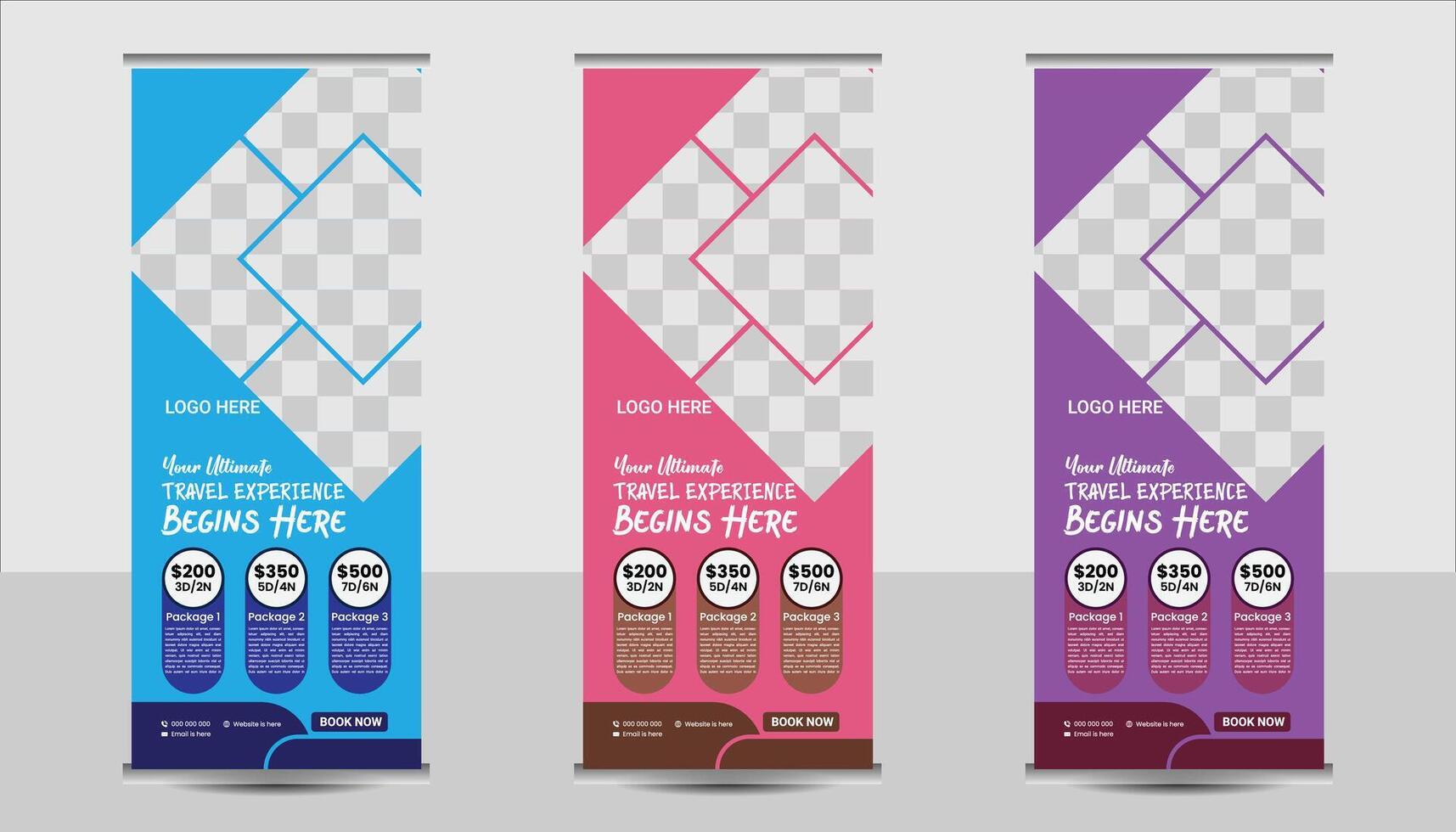 Travel vacation roll up banner design or pull up banner template vector