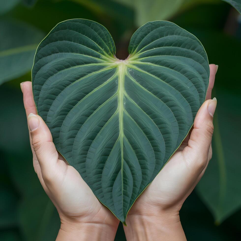 Hands gently hold heart shaped green leaf, emphasizing serenity For Social Media Post Size photo