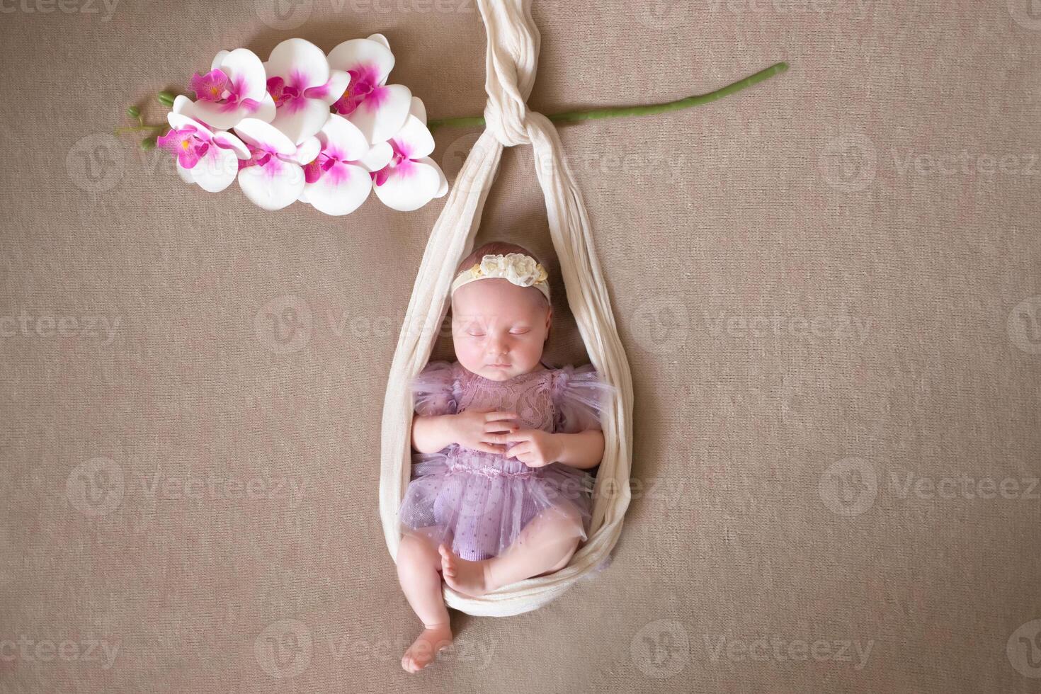 a cute newborn baby girl sleeps on a white fabric swing that hangs on a branch of a white orchid. baby in a purple dress in a beautiful picture. copy space photo