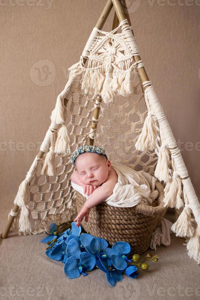 beige background with space for text with baby sleeping in a wicker basket decorated with blue orchid flowers. beautiful sleeping baby on a beige background. a beautiful baby sleeps in a wicker basket photo