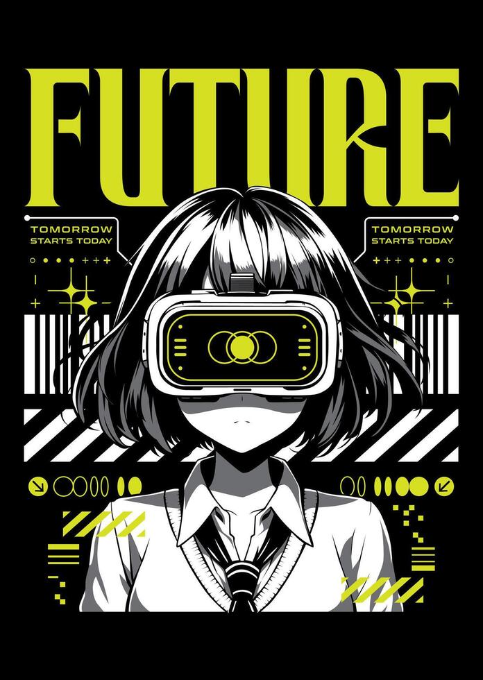 Anime girl poster in manga style. Tokyo Japan anime girl with concept of virtual reality,retro,futurism,futuristic,cyberpunk. Japanese y2k illustration. Kanji translation is Kawaii or Cute vector