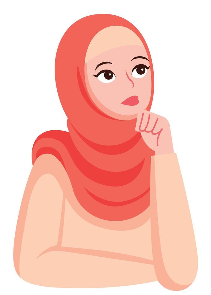 Muslim woman with serious face and thinking hand gesture illustration vector