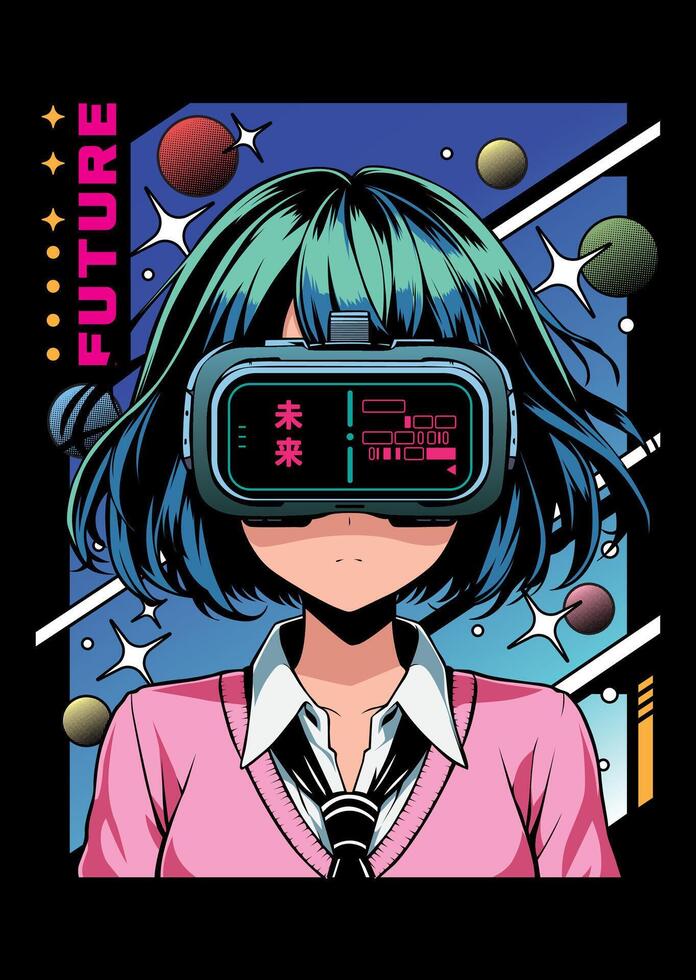 Anime girl poster with kawaii cute on theme of virtual reality, future, cyberpunk, retrofuturism. Japanese poster in manga style. Tshirt graphic y2k icon illustration. Kanji translation is Kawaii vector