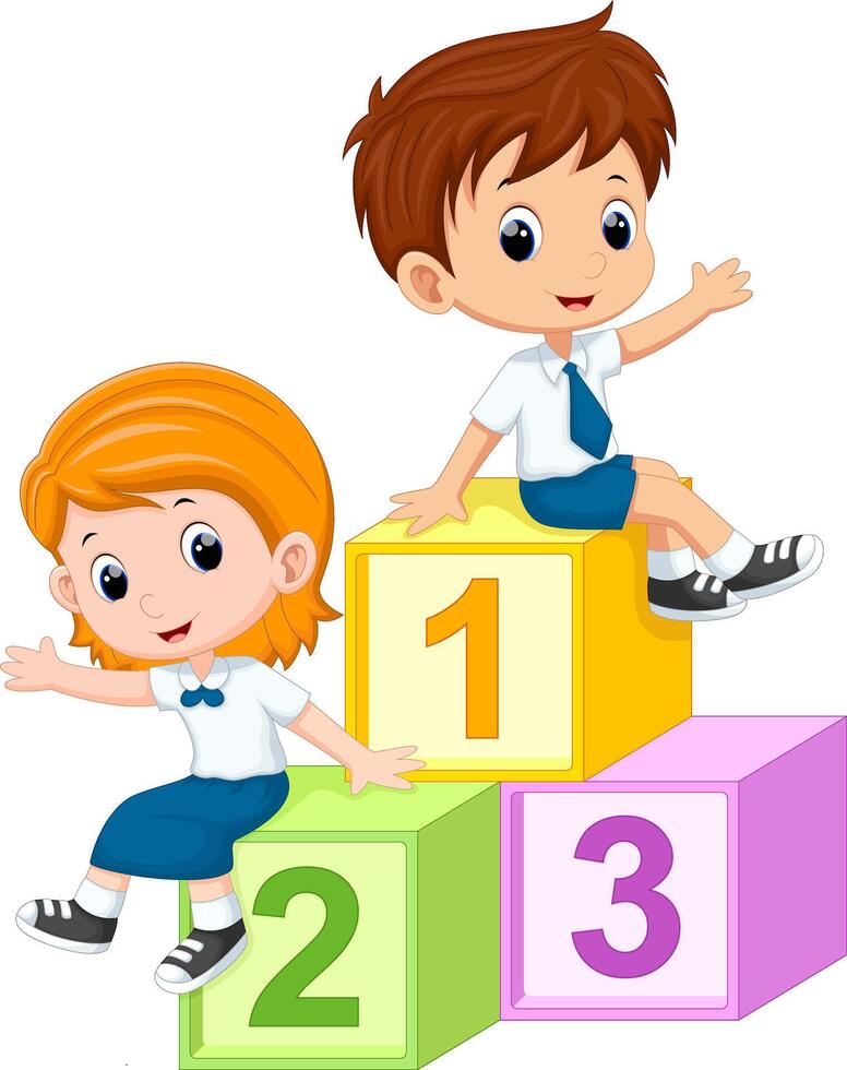 Two students sitting on the numbers blocks vector