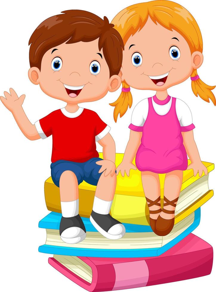 Children sitting on a pile of books vector