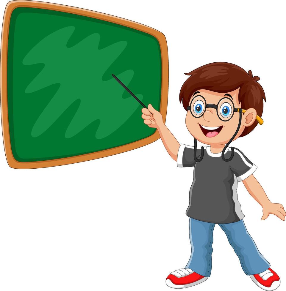 A boy stands in front of the blackboard with a pointer vector