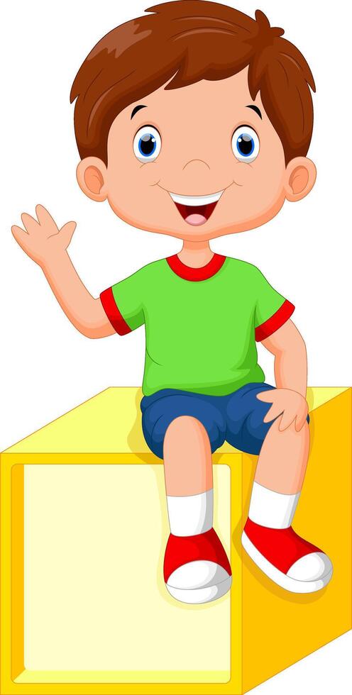 Cute little boy sitting on a cube vector