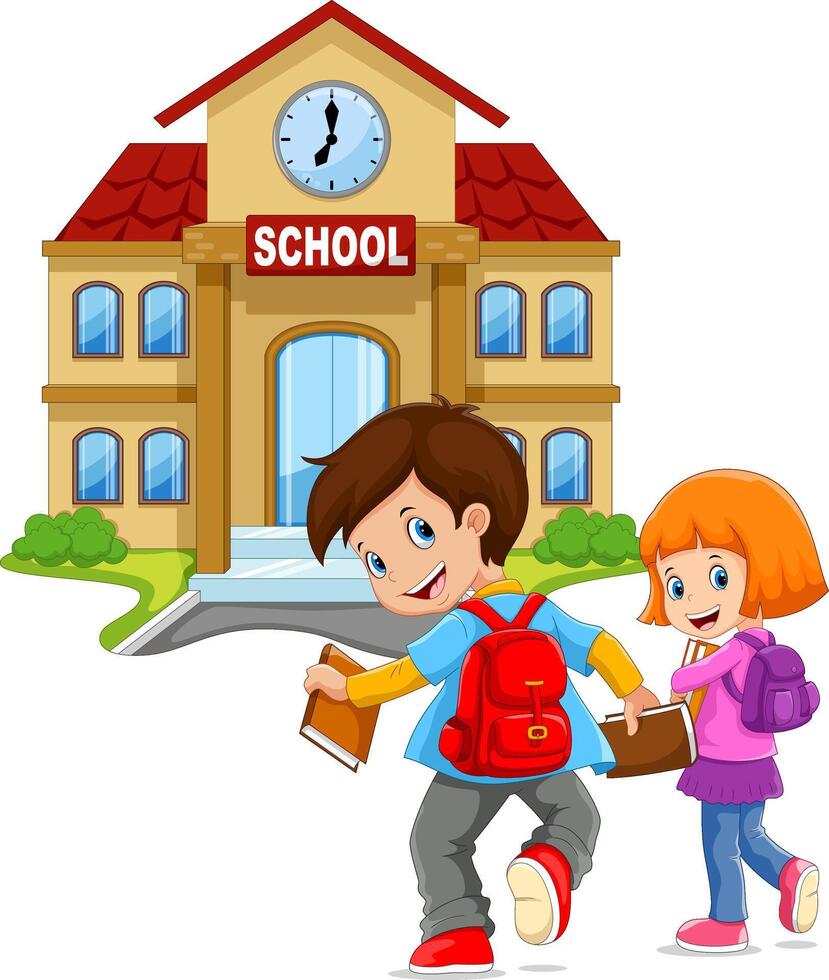 Happy little kids with bags and books on school building background vector