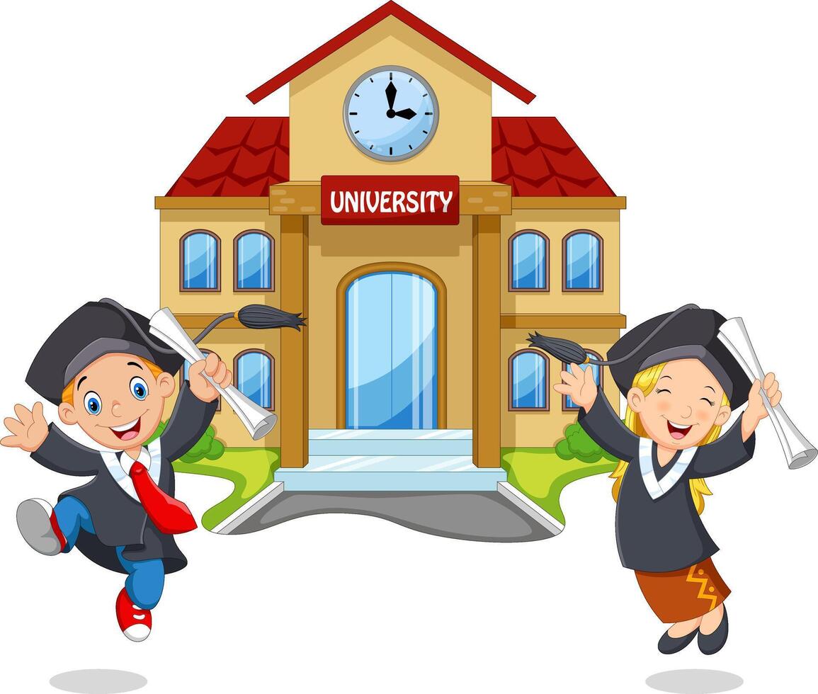 Happy graduation day. School kids graduation in front of school building vector