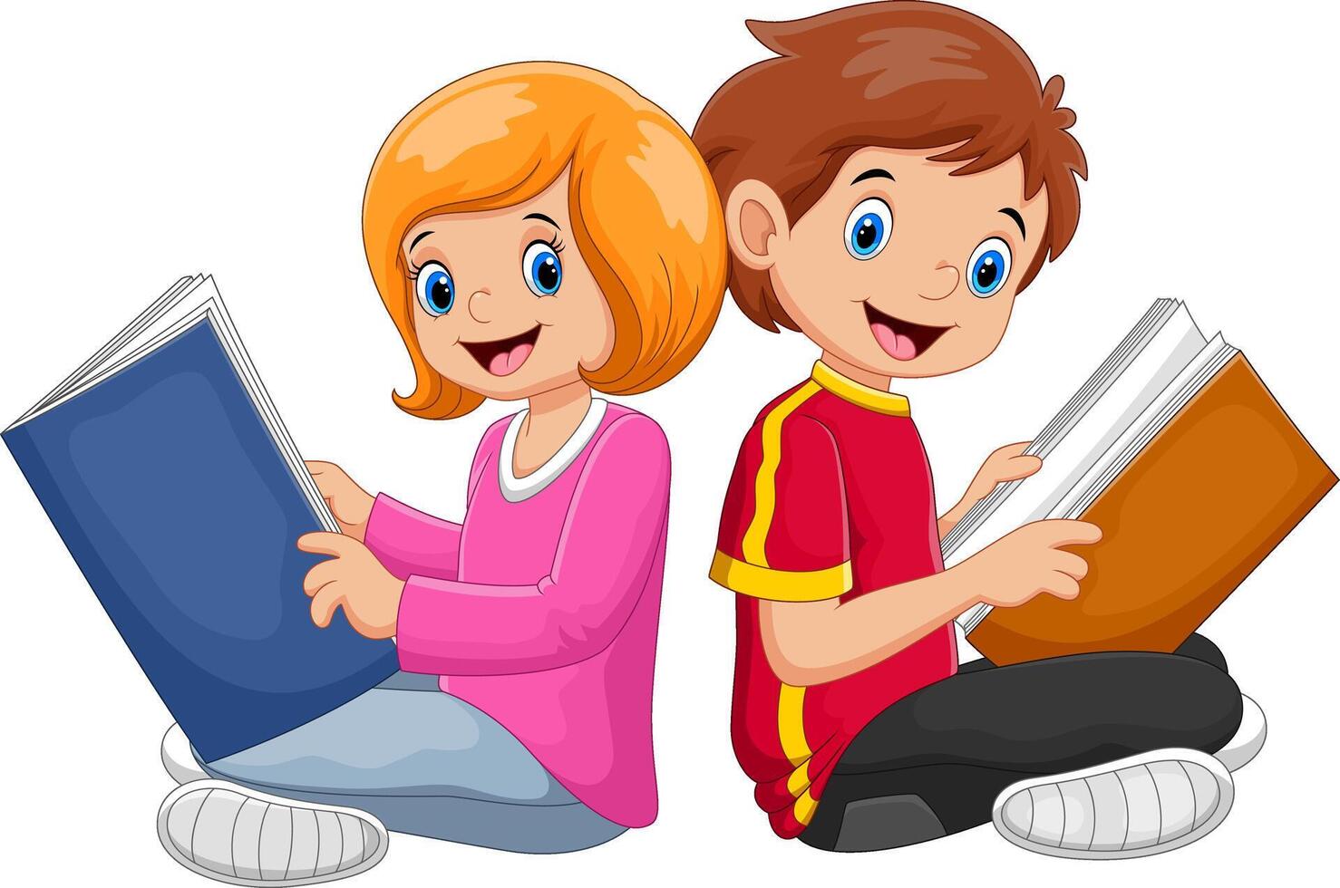 Boy and girl reading book on white background vector