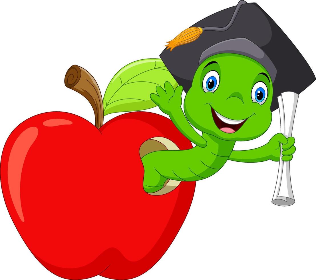 A worm in the red apple was glad to have a college degree vector