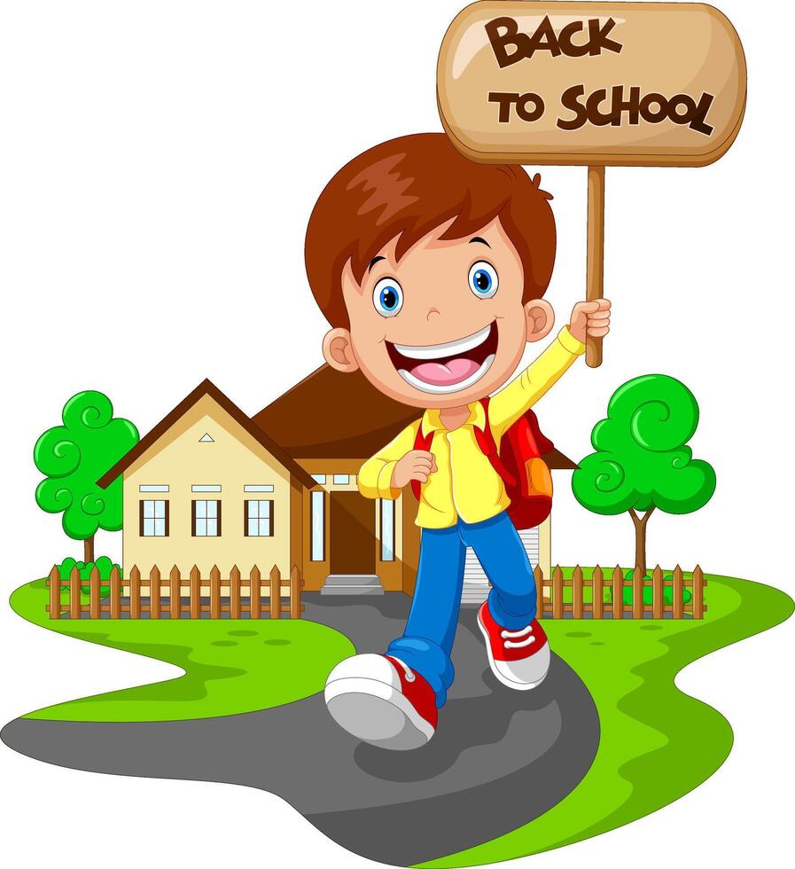 Happy boy running while carrying a sign that read back to school vector