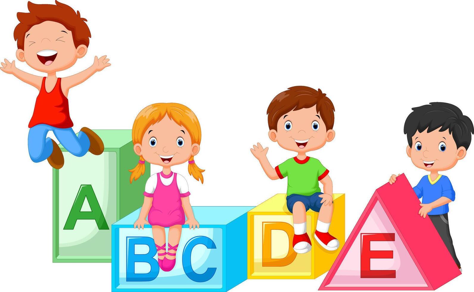 Happy school children playing with alphabet blocks vector