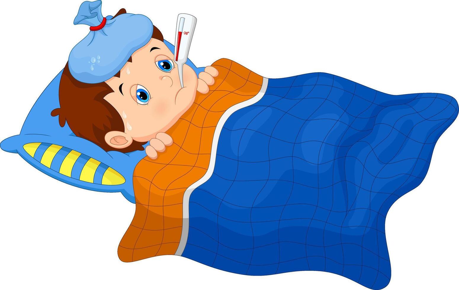 Sick kid lying in bed vector