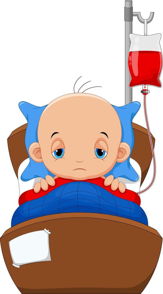 The baby was sick in bed with a tube of blood transfusion vector