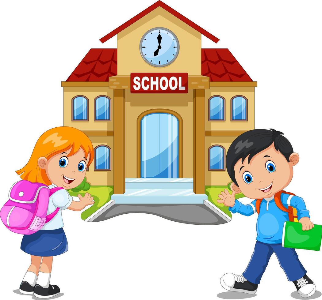 Happy little kids with bags and books on school building background vector