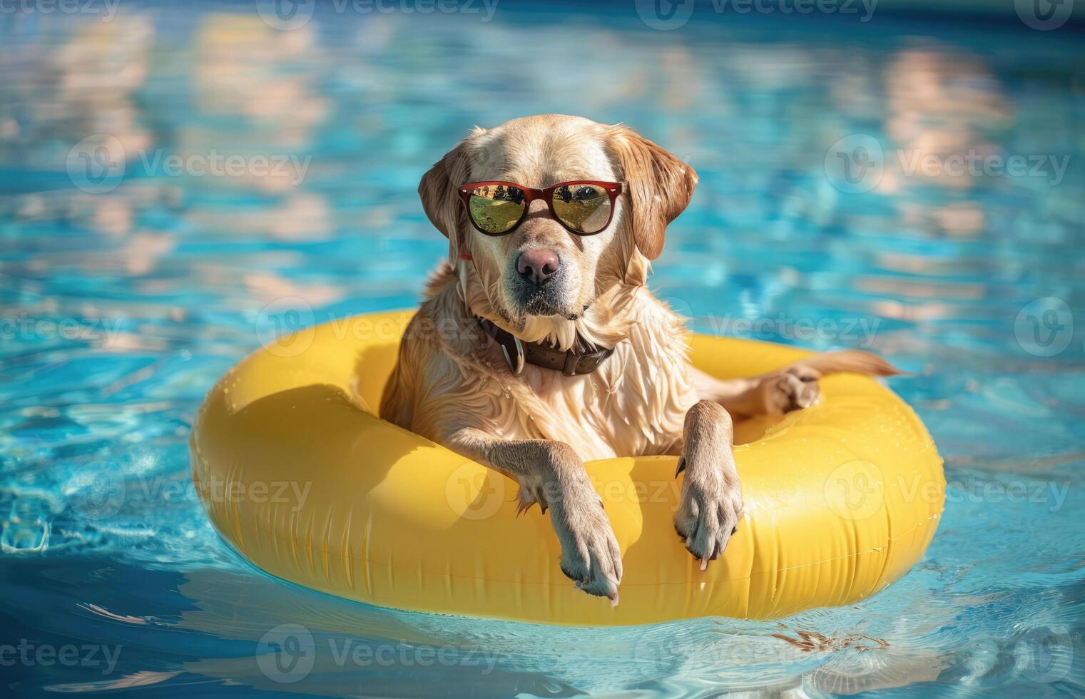 Golden labrador retriever dog in sunglasses relaxing in swimming pool on yellow floating ring. Summer holidays with pets, vacation, relaxion, resort. photo