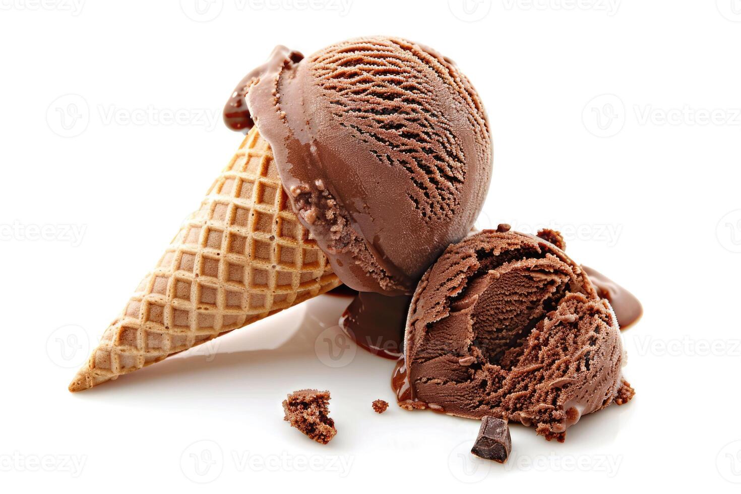 Waffle cone with chocolate ice cream and one scoop isolated on white background. Summer delicious dessert, taste of happiness, ice cream business. photo