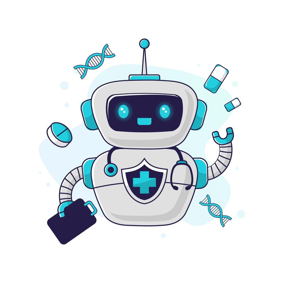 Medical robot assistant is ready to help. Concept of medicine of the future. Personalized healthcare, AI-enabled diagnostics and telemedicine innovations. vector