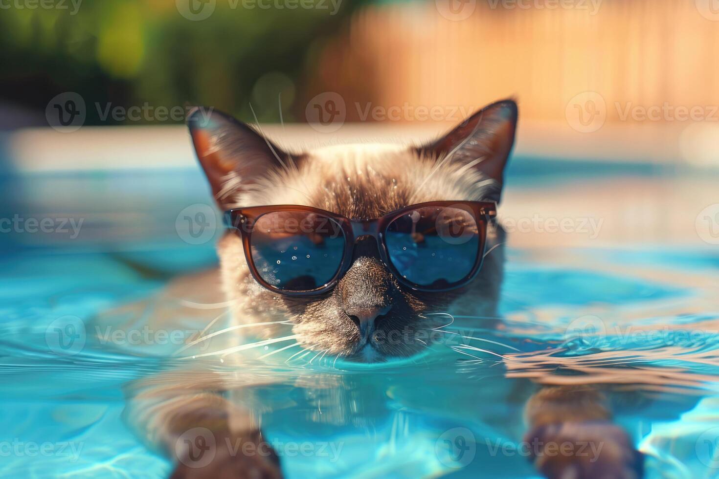 Portrait of siamese cat in sunglasses swimming in the pool. Summer holidays, travel and vacation with your pets, relaxion, spa, resort, hotel. photo