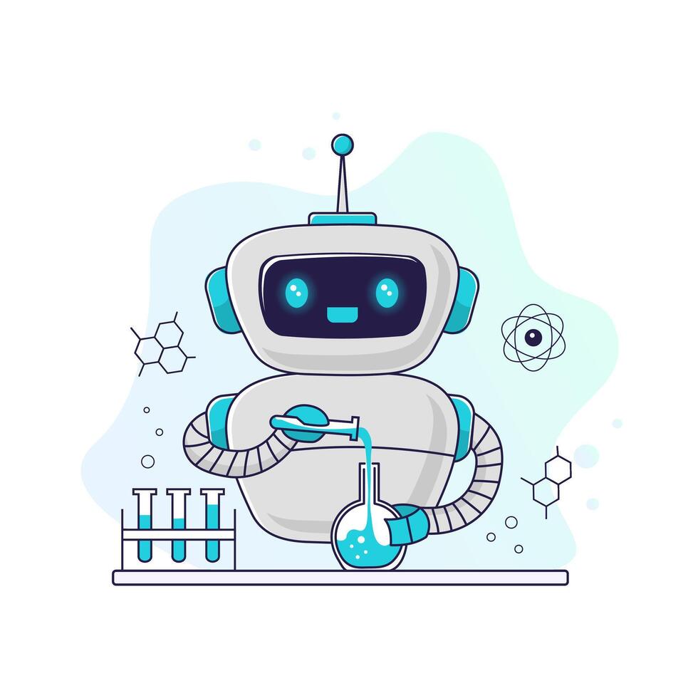 Medical robot assistant with test tubes develops medicines. Concept of medicine of the future. Personalized healthcare, AI-enabled diagnostics and telemedicine innovations. vector