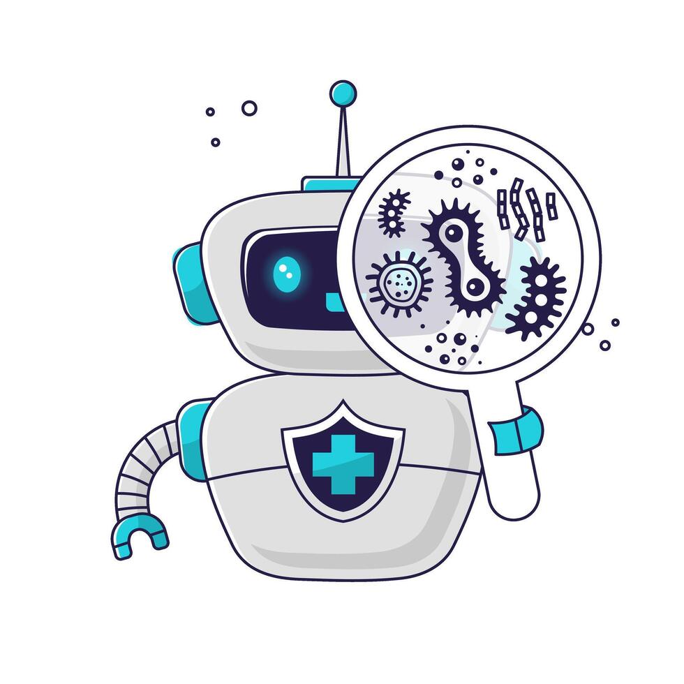 medical robot assistant examines bacteria viruses and microbes under a magnifying glass. Concept of medicine of the future. Personalized healthcare, AI-enabled diagnostics and telemedicine innovations vector