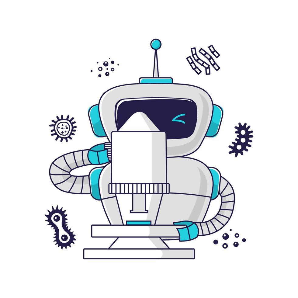 Medical robot assistant looks into a microscope, analyzes, examines cells. Concept of medicine of the future. Personalized healthcare, AI-enabled diagnostics and telemedicine innovations. vector