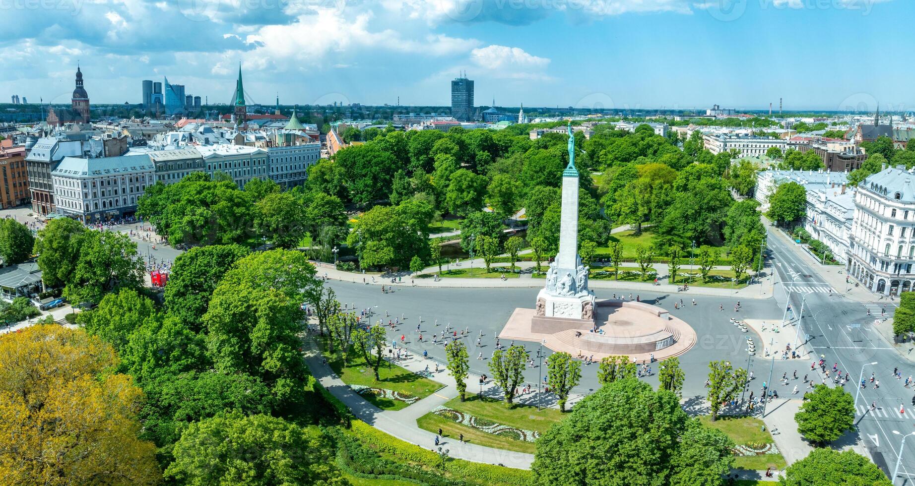 Aerial View of the Freedom Monument in Riga, Latvia Surrounded by Park photo