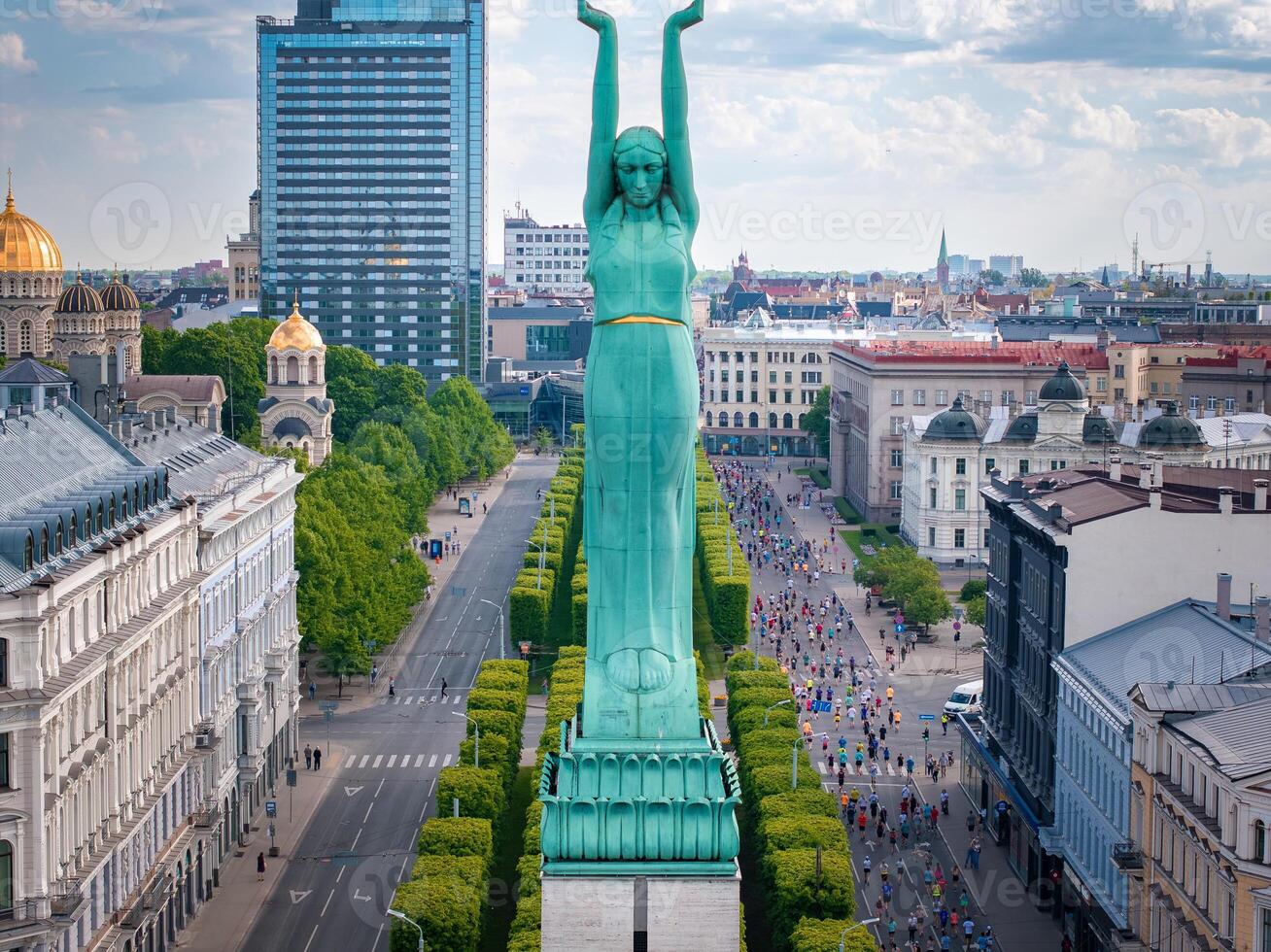 Aerial View of Freedom Monument During Riga Marathon 2024 in Latvia photo
