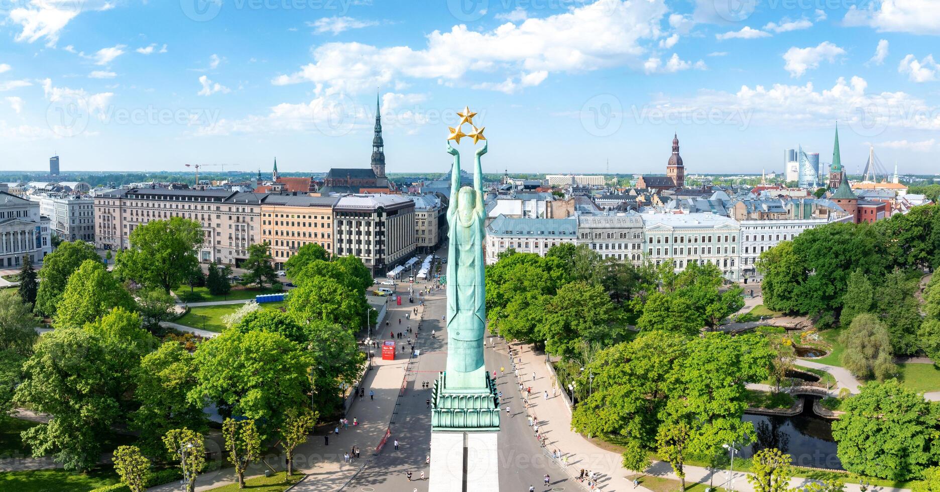 Aerial View of the Freedom Monument and Surrounding Park in Riga, Latvia photo