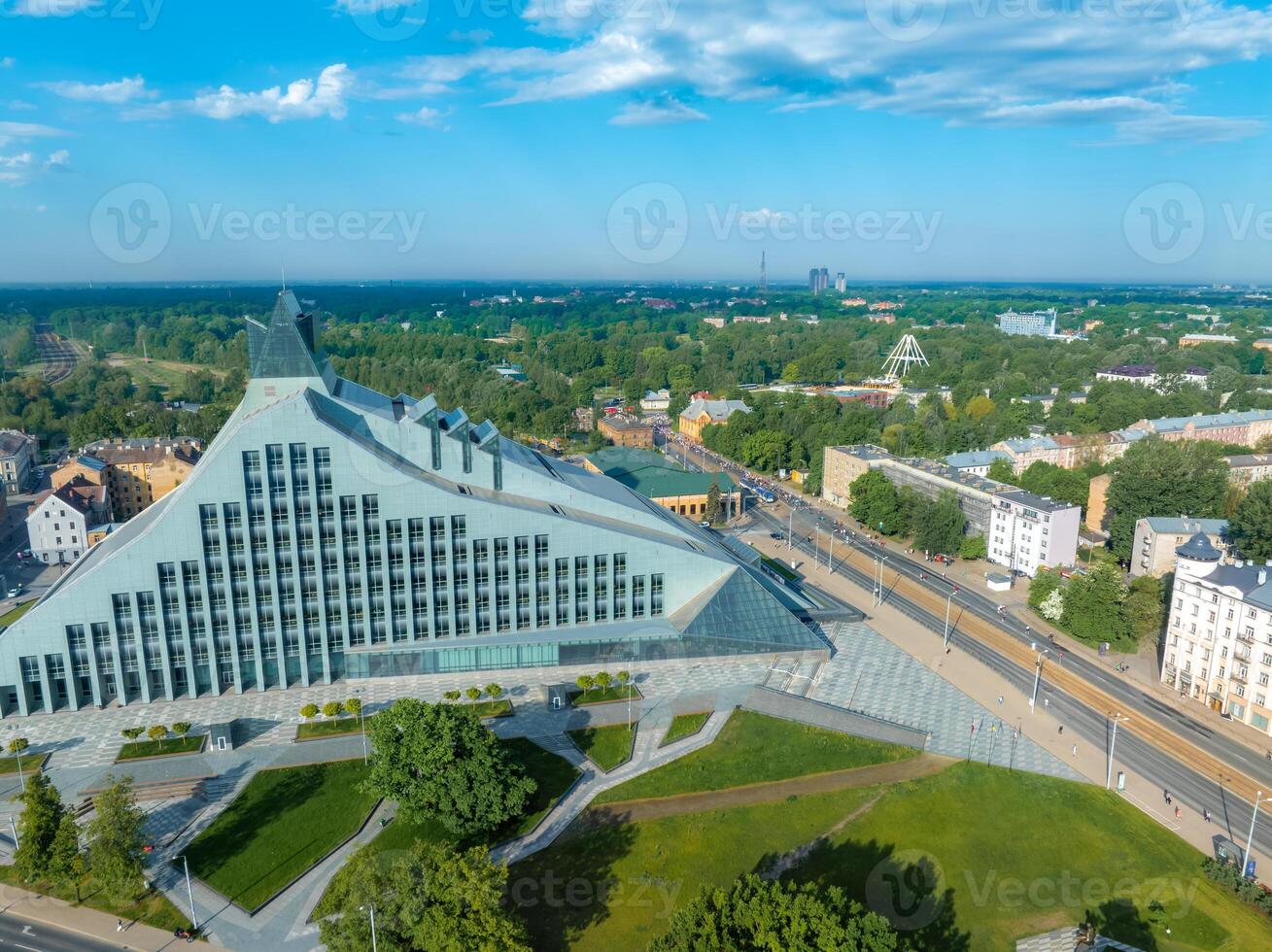 Aerial View of the National Library of Latvia in Riga with Surrounding Park photo