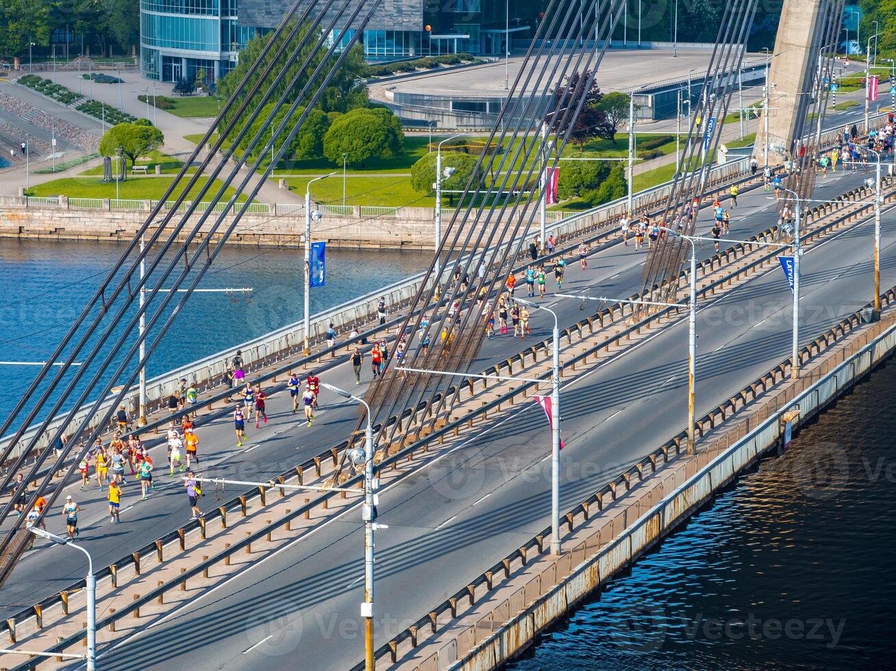 Aerial View of Marathon on Cable-Stayed Bridge in Riga, Latvia photo