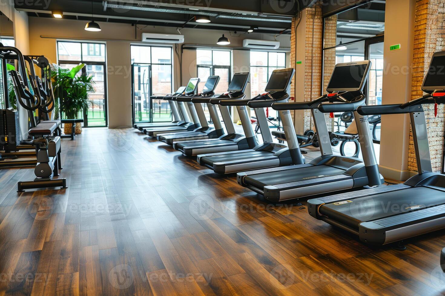 Modern Gym with Row of Treadmills photo