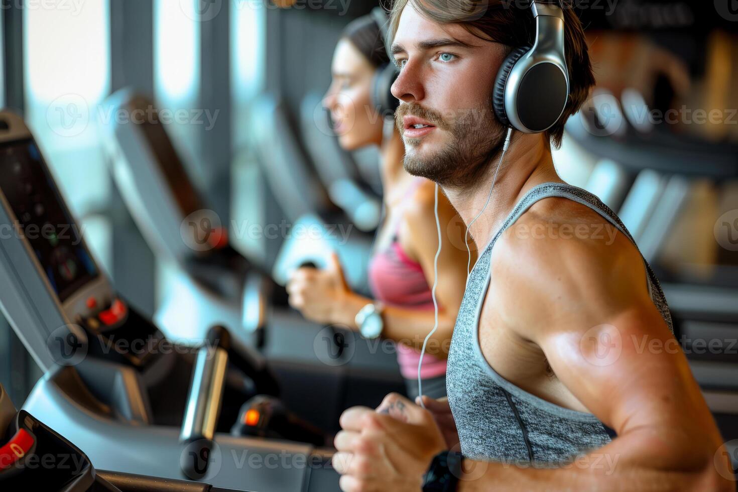 Focused Man Running on a Treadmill at the Gym photo