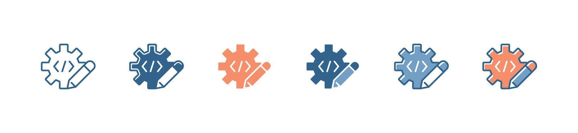 Business development coding with gear and pencil icon set website and application programming optimization with cog control symbol illustration digital project management vector