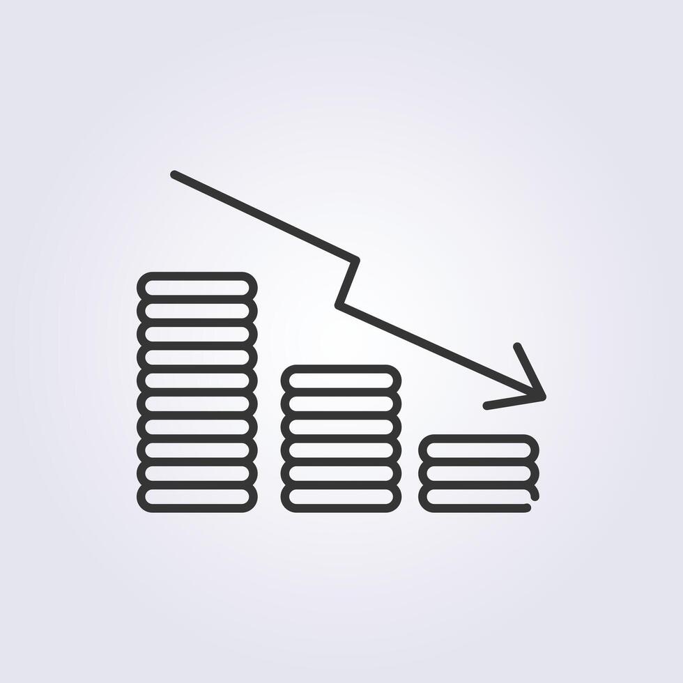line art declining coin bar chart with stack coin icon logo illustration design vector