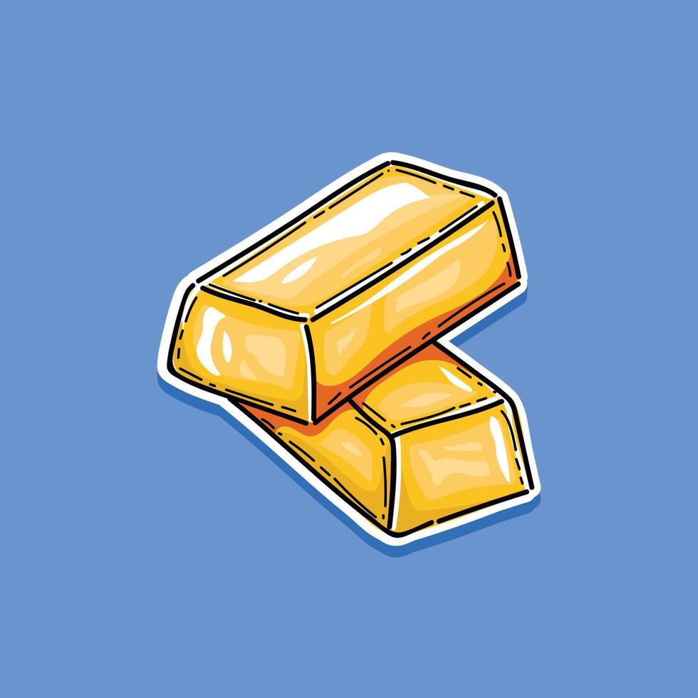 Two bars of gold lie on top of each other. Fine gold isolated on blue background illustration design. Symbol of richness currency investment, treasury luxury rich. Shiny treasure game asset vector